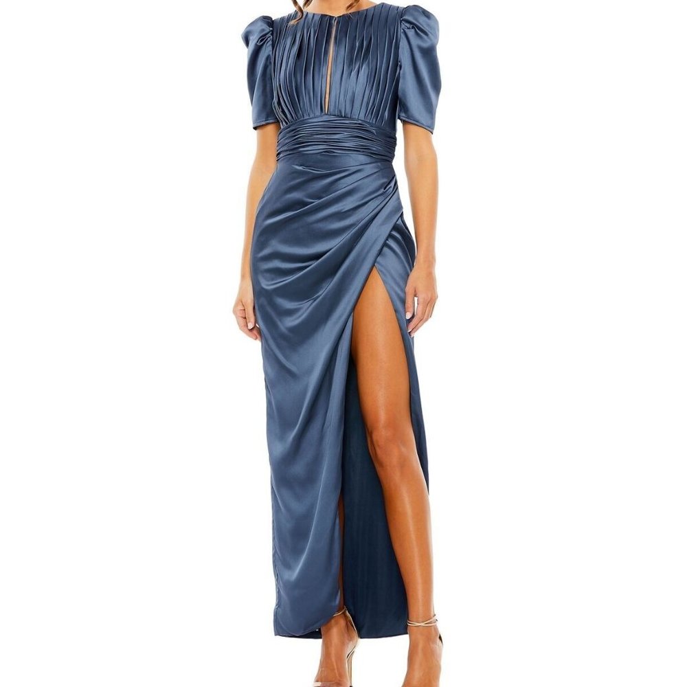 Mac Duggal Midnight Blue Pleat Puff Sleeve Satin Gown